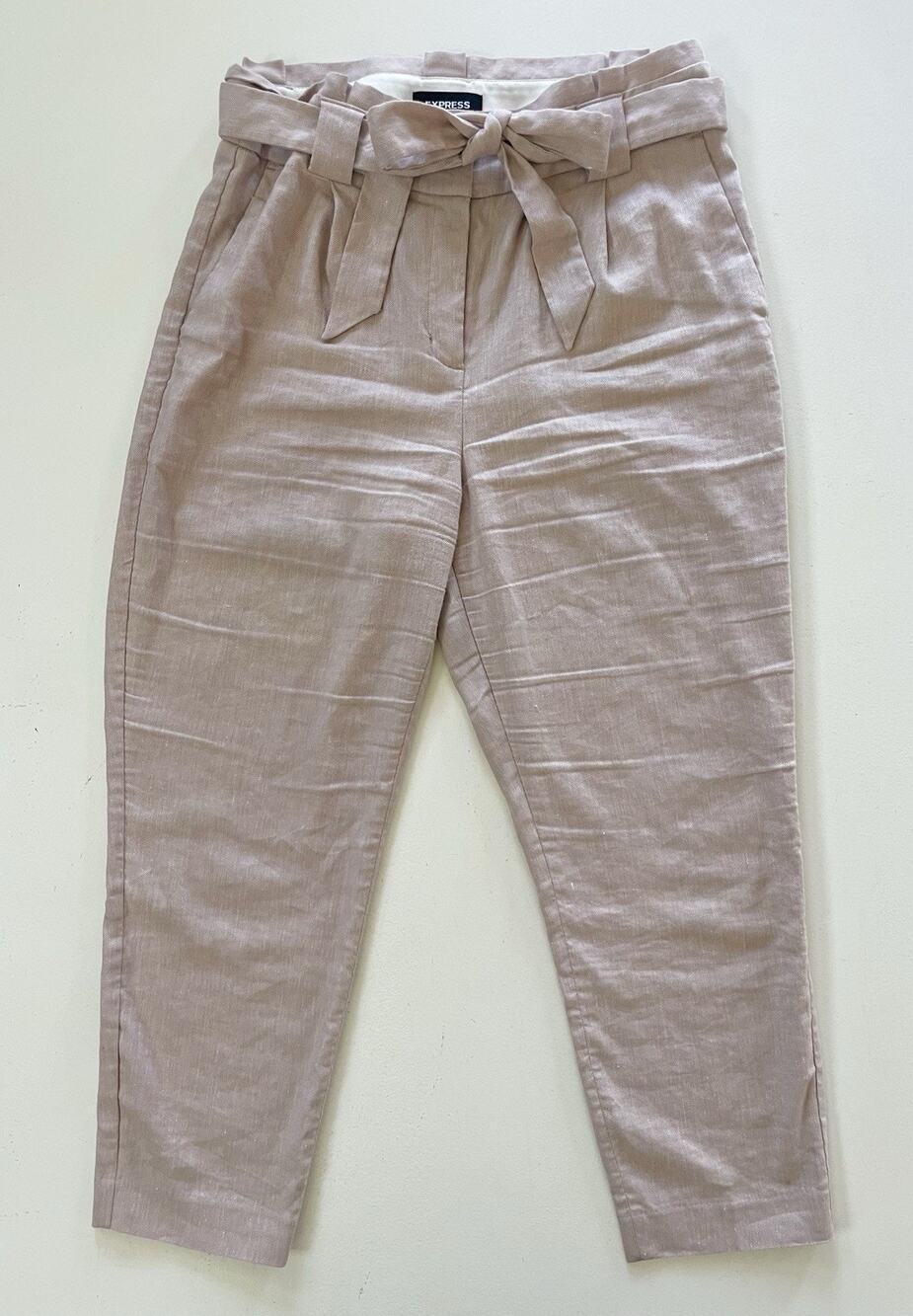 Express Womens Ankle High Rise Pink Beige Pants Paper Bag Tie Linen 8 Short